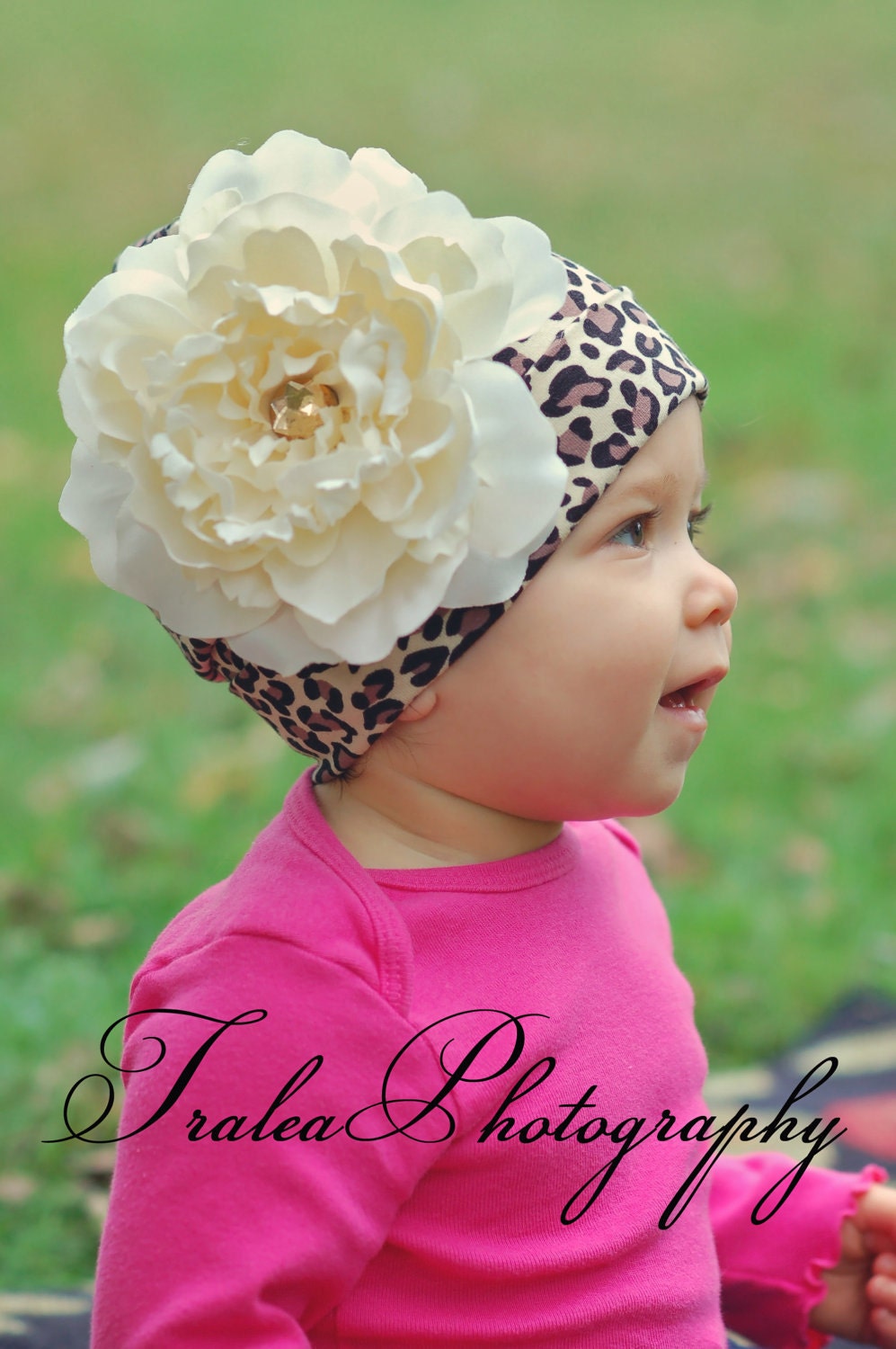 Baby Girl Hat - Cheetah with Cream Rose - asweetliferocks