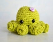 Amigurumi Octopus - Crocheted in Lime Green with Pink Button