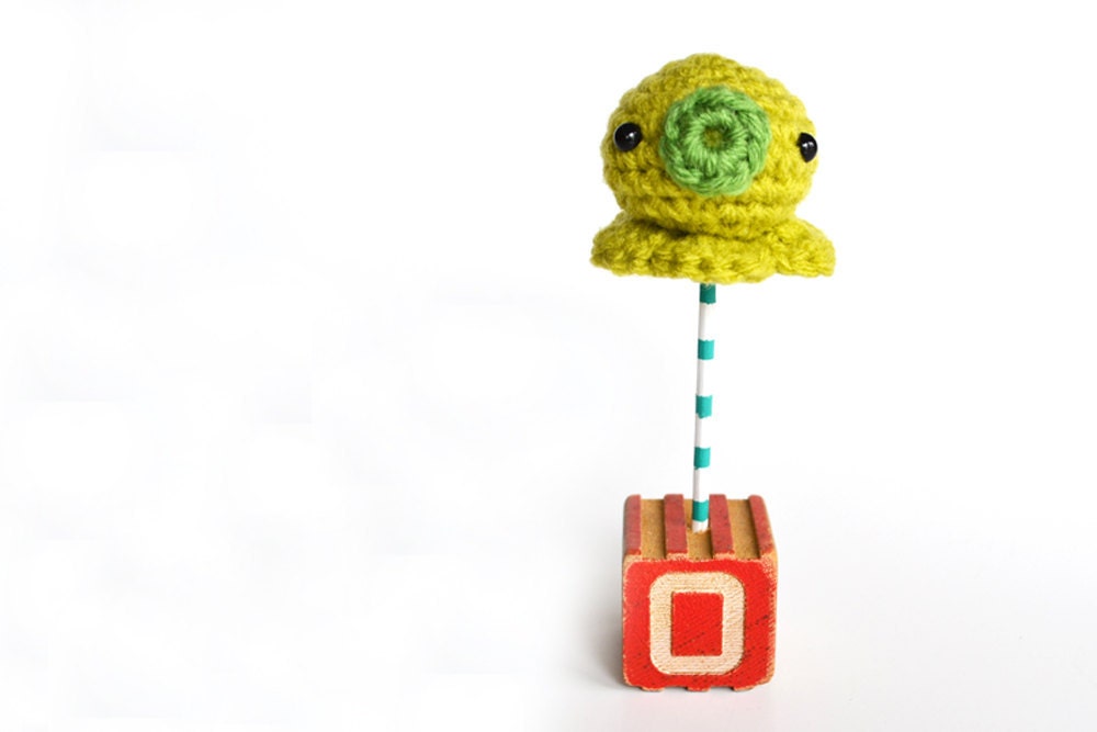 O is for Octopus - Amigurumi Cephalopod on Vintage Alphabet Block