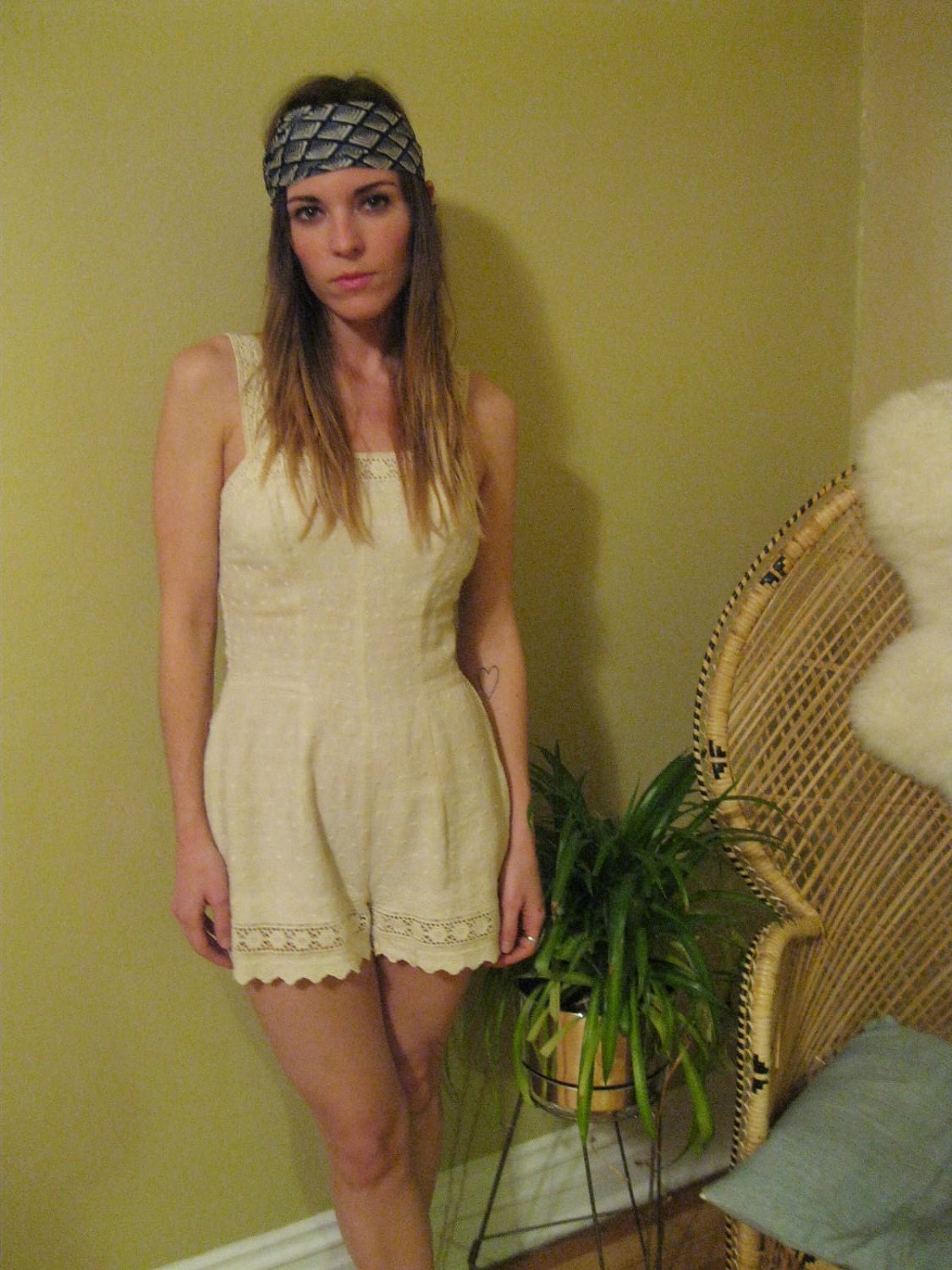 Vintage Handmade Romper with Embroidering, Boning and Smocking on the back