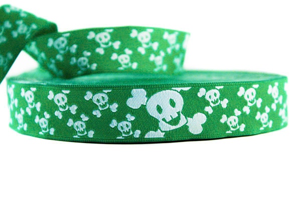 3 m Jacquard Ribbon Happy Skully Ribbon green