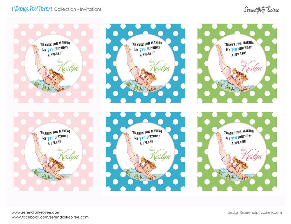 Vintage Pool Party- Custom Printable 3 inch party circle/tag - Beach Party, Swimming Party, Pool Party, itsy bitsy teeny weeny Il_570xn