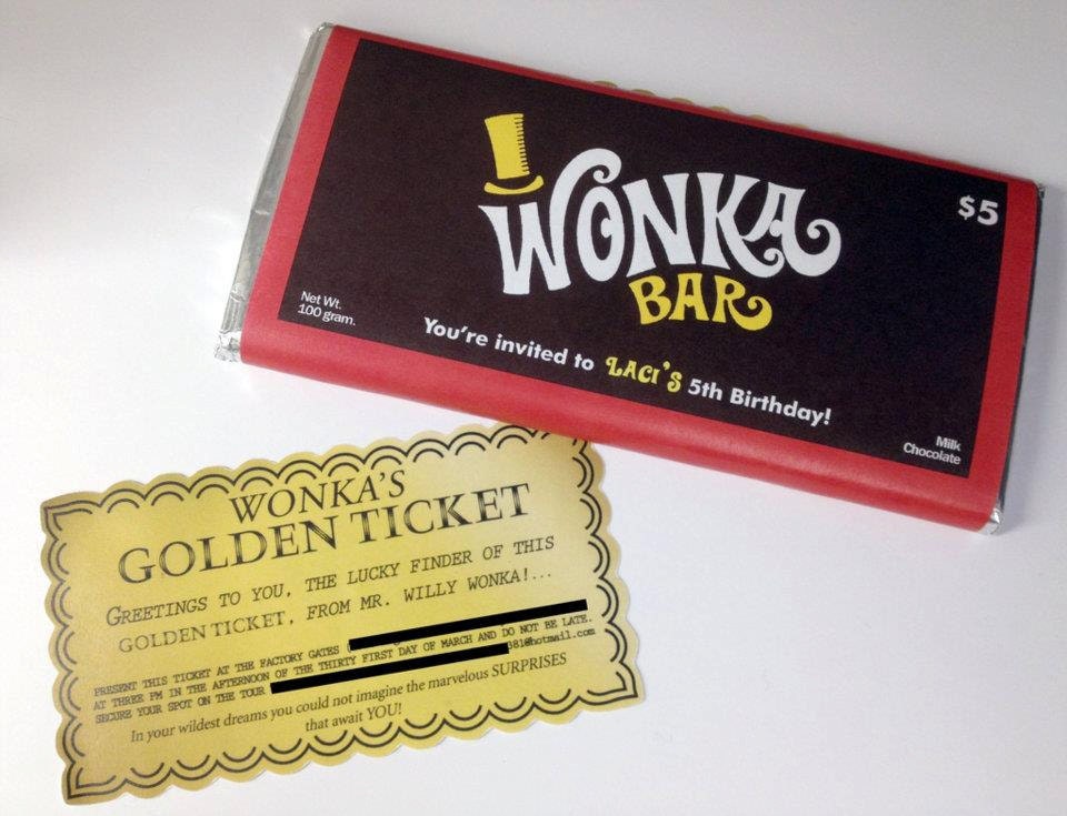 Willy Wonka Chocolate bar wrapper and golden ticket - Invitation - replica version.