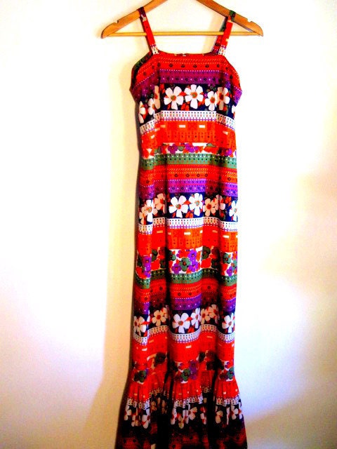 60's Original Bold Flower Print Mermaid Maxi Dress
