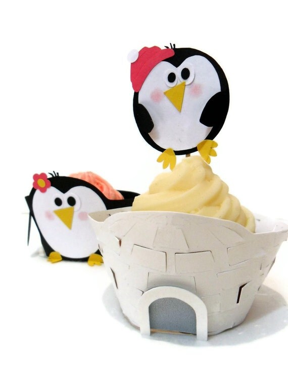 Cupcake Wrappers AND Toppers Penguin and Igloo -Set of 12 Il_570xn