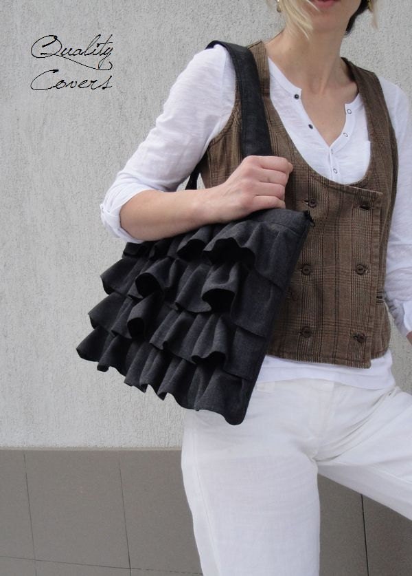 Gray Laptop TOTE - bag padded- can be any size and any color - Handbag Wool fabric- 2 zippers - WATERPROOF lining - hidden POCKET