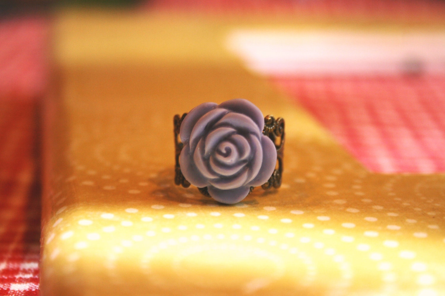 Ring: Rose, Lavender, Filigree, Adjustable, Flower, Floral, Antique Bronze, Vintage-Inspired, Cocktail Ring
