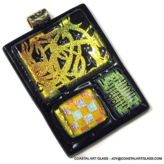 Fused Glass Art Pendant  Necklace Gold  Design