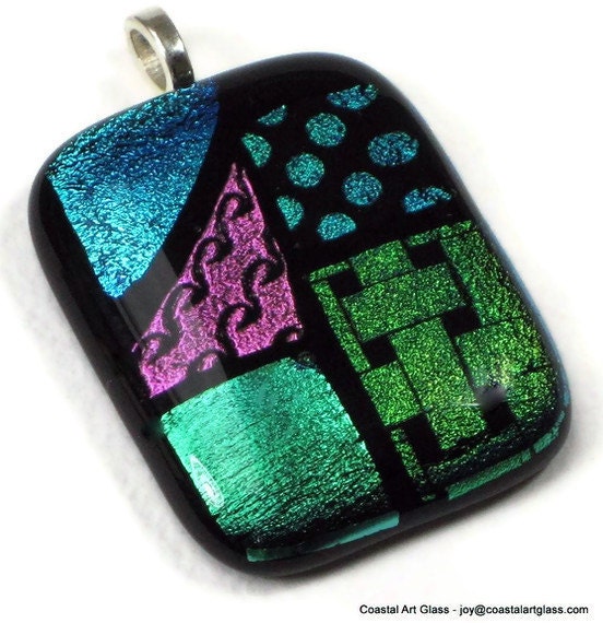 Art Glass Necklace Pendant Fused Dichroic glass Green Pink Aqua Blue Collage