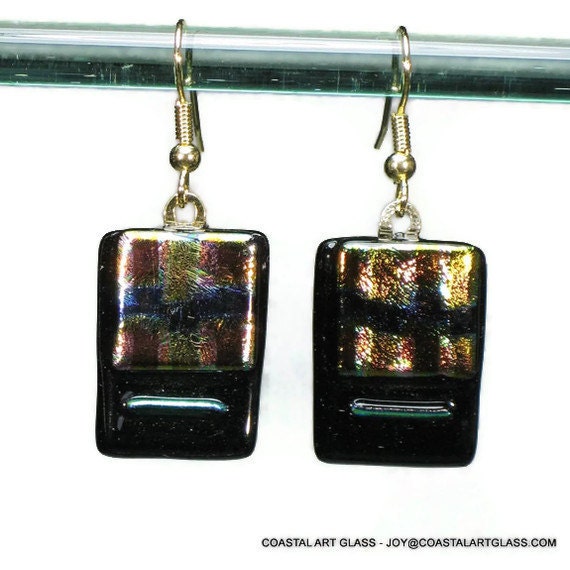 Dangling Fused Art Glass Earrings Dichroic Black Gold Blue Red