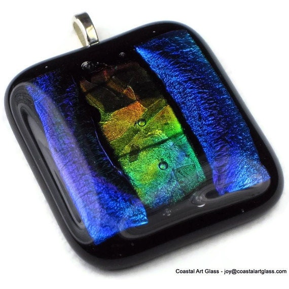 Glass Pendant Necklace Blue Green Hint of Orange Fused Art Glass Abstract Woods