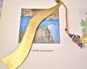 Fish & Brass Bookmark - Sapphire Blue Gold Fish Bead, Decorative Pewter Bead - Leather Cord and Hand Rolled Cut Brass Sheet Page Marker