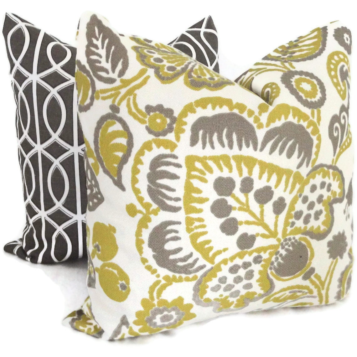 Chartreuse and Gray Jacobean Indoor Outdoor Decorative Pillow Cover, 18x18, 20x20 or 22x22, accent pillow, throw pillow, toss pillow