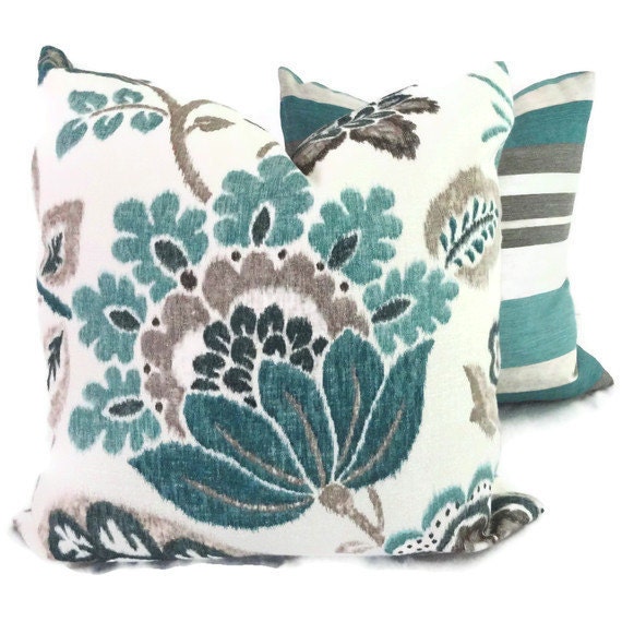 Turquoise, Teal and Gray Jacobean Floral  Pillow Cover 18x18, 20x20 or 22x22 or lumbar pillow, Accent pillow