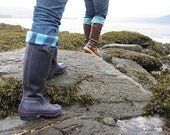 SLUGS Fleece Rain Boot liners in Purple with Turquise Tie Dye Watercolor Cuff, Beachcombing, Hiking Fashion (Med/Lg 9-11 Boot)