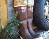 SLUGS Fleece Rain Boot Liners Tan with Country Tree Buds Pattern Cuff, Summer Fashion, Fleece Socks, Boot Socks (Me/Lg 9-11 Boot)