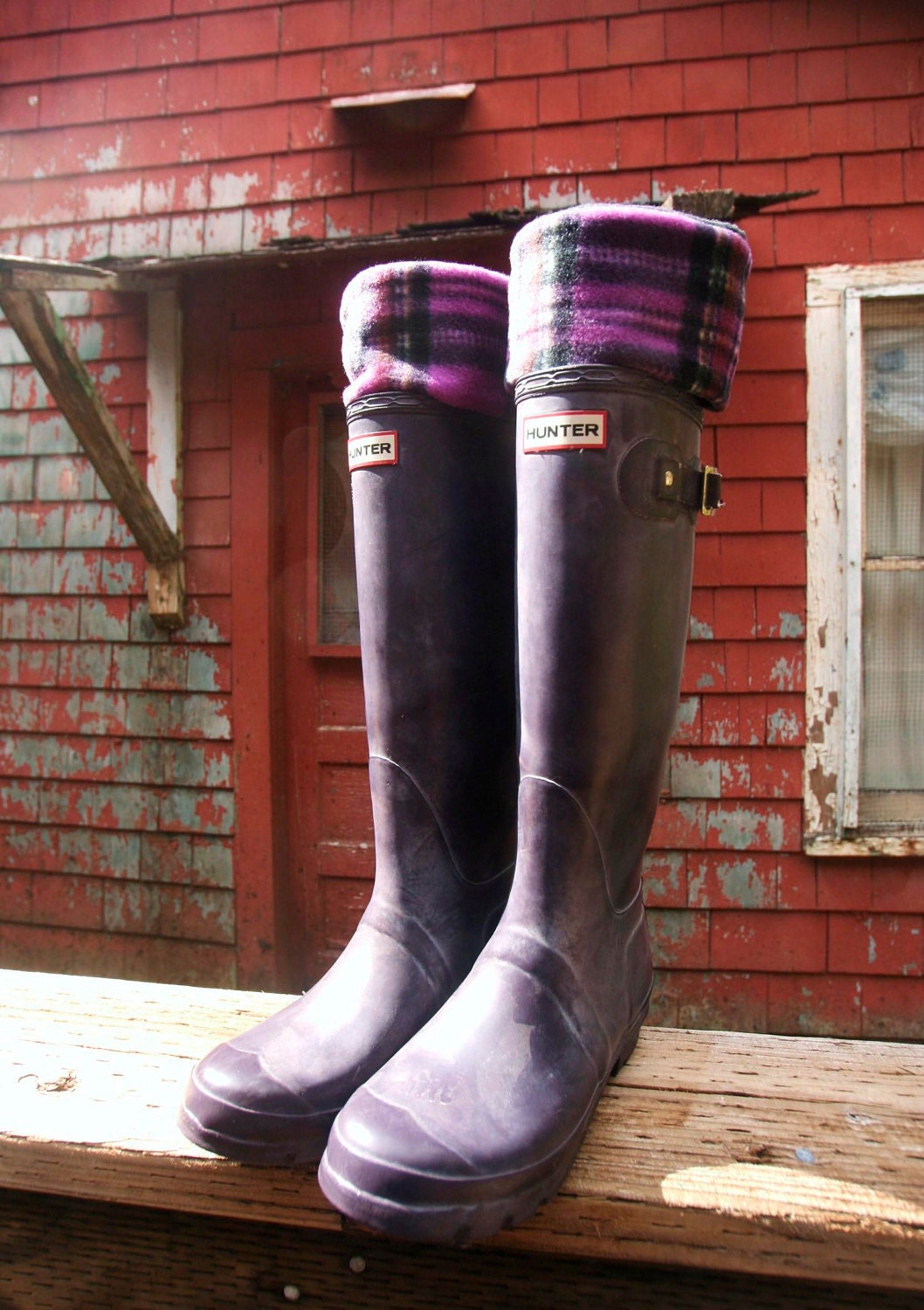 SLUGS Fleece Rain Boot Liners Black with a Purple Plaid Cuff, Camping Style. Rainy Day Style (Med/Lg 9-11 Boot) - WithTheRain