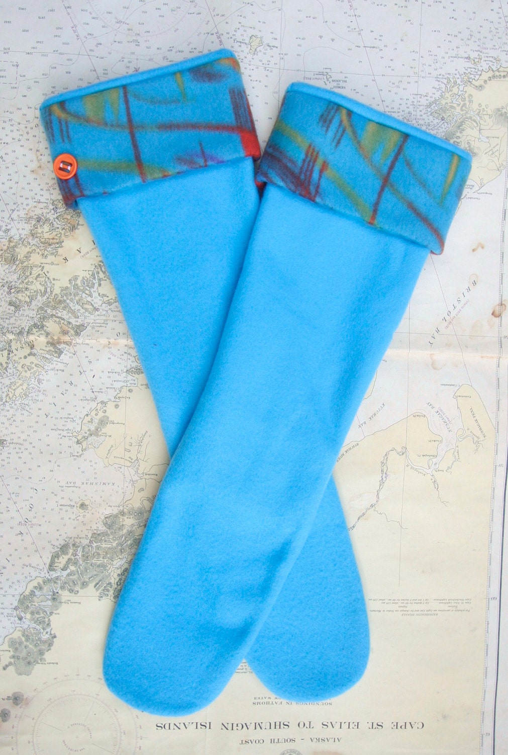 Fleece Rain Boot Wellington Liners SLUGS in Turquoise with a Tie-Dye Cuff, Spring Accessory, Rainy Day Style (Med/Lg 9-11 Boot)