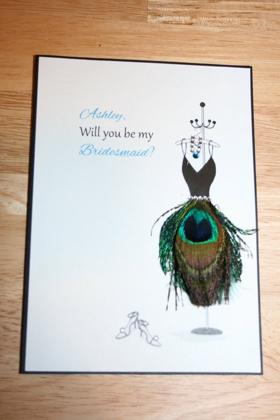 Will You Be My Bridesmaid Card With Peacock Feather Skirt