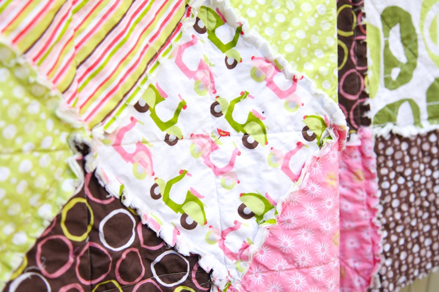 SALE 20% OFF ORGANIC Pink and Brown and Green Monaluna 'Monaco in Pink ' Crib Rag Quilt, Ready to Ship