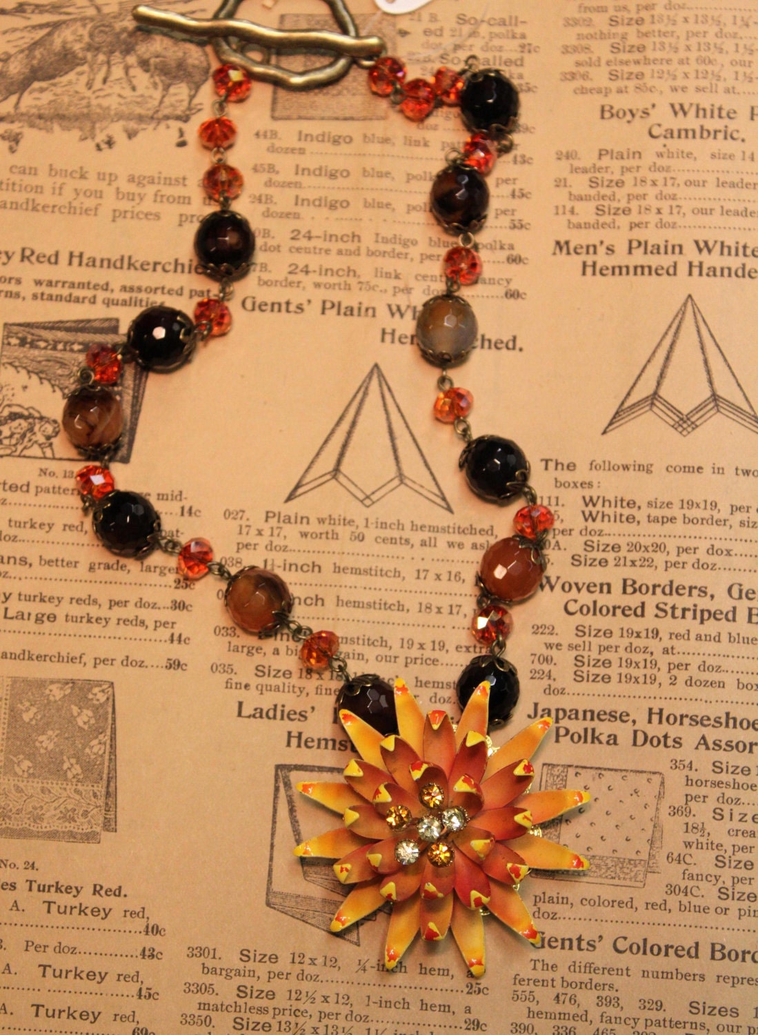 Vintage Repurposed Enamel Flower with Rhinestone Necklace --- Blaze Assemblage Jewelry
