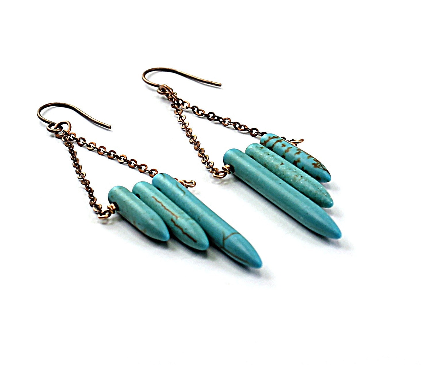 Turquoise earrings: blue earrings, inspired by native american earrings brass chain long earrings ethnic jewelry - NatureLook