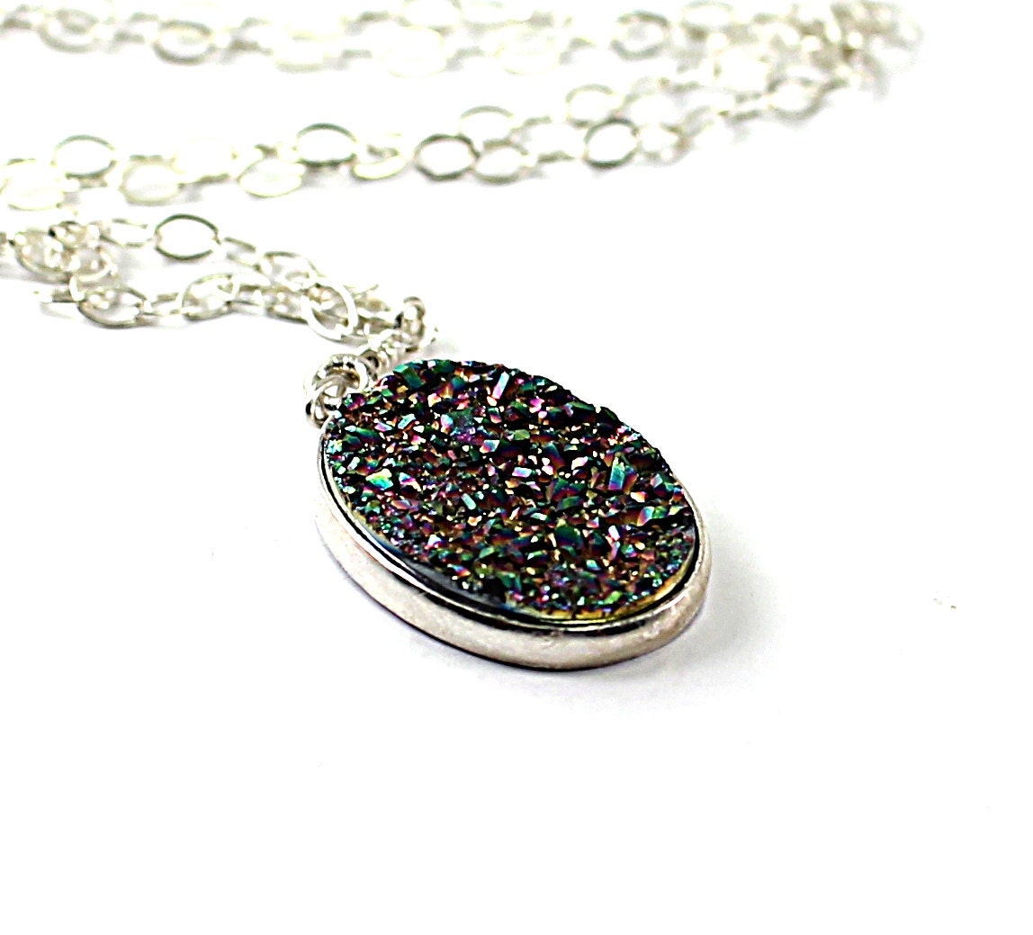 Druzy necklace: drusy agate stone, sterling silver chain, bold druzy handmade fashion shiny necklace for women colorful sparkling gray grey