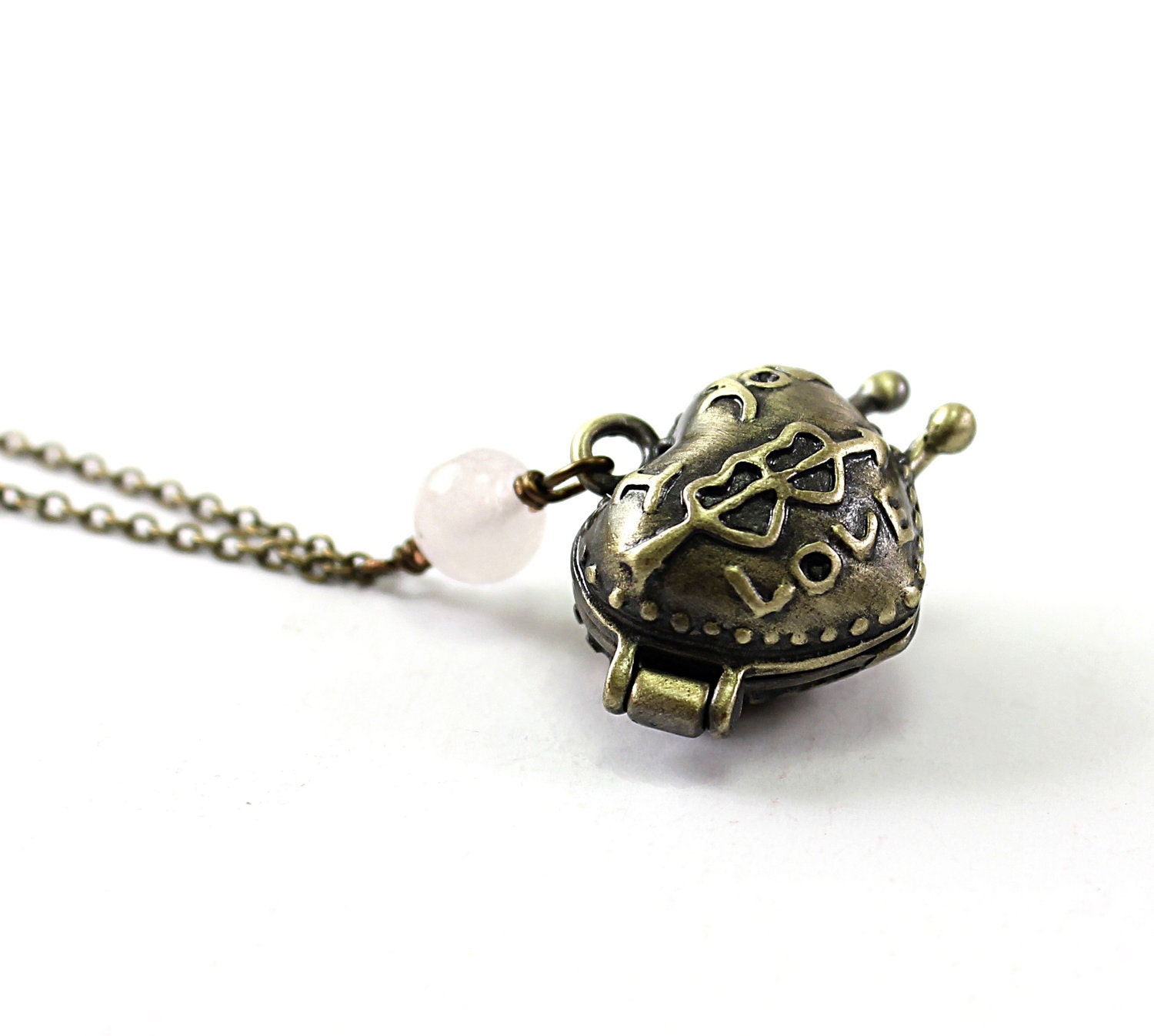 Heart necklace: brass heart locket necklace Valentines Day necklace, rose quartz I love you jewelry girlfriend wife locket heart