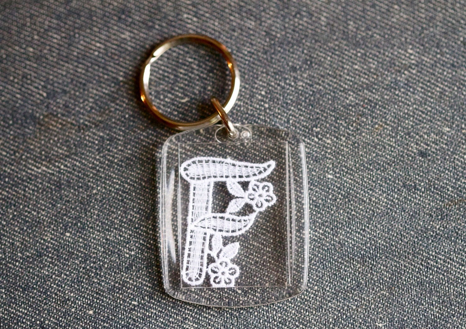 F is for Flower - Encased Lace Letter F - Key ring Key Chain