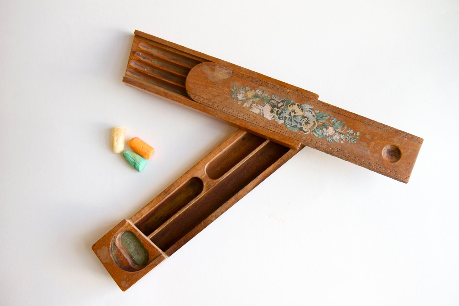 Antique Wooden Pencil Case Box with Sliding Top and Hidden Tray