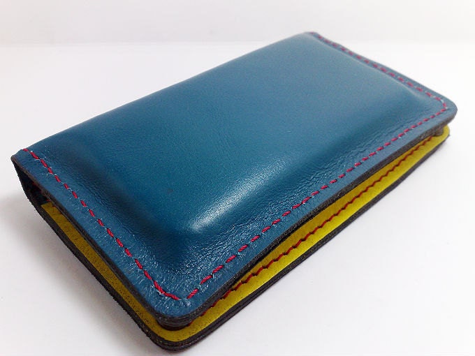 Samsung Galaxy S 3 or S 4 Hand stitched leather wallet cell phone case blue and yellow cards cash free monogrammed or name