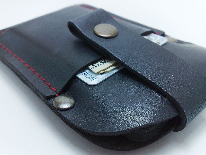 Sleeve case wallet  Handmade black cowhide leather iPhone 4 S cell phone with pocket card holder red thread OOAK free monogramming