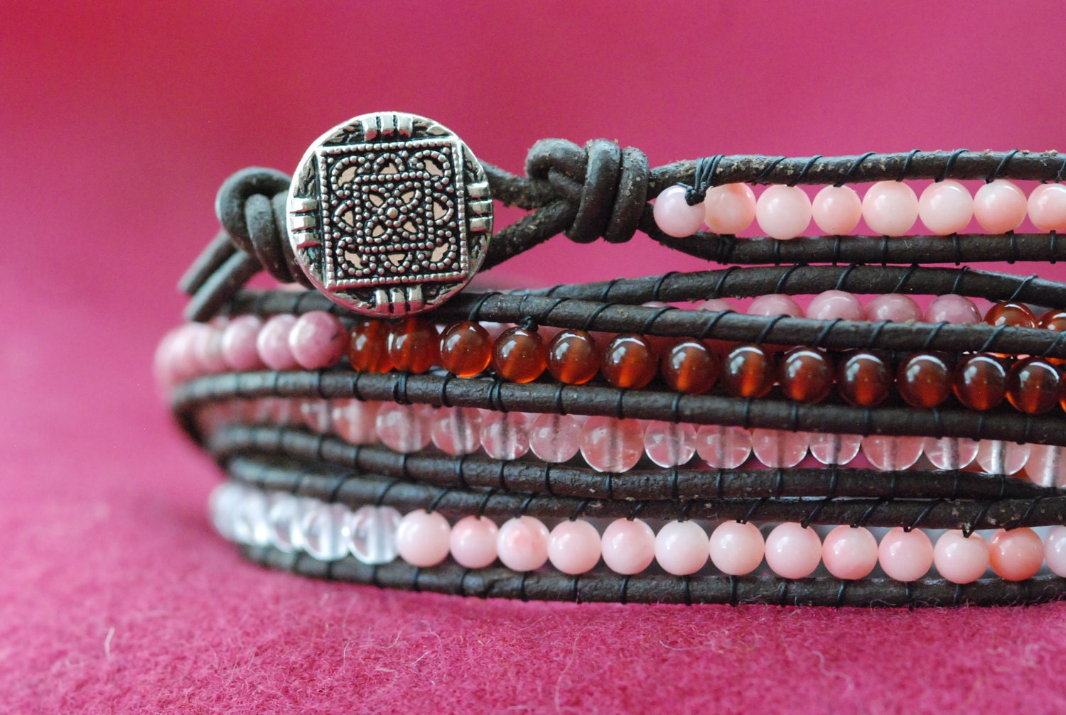 Chan Luu style wrap bracelet with carnelian, pink coral, orange beads on brown leather (B19)