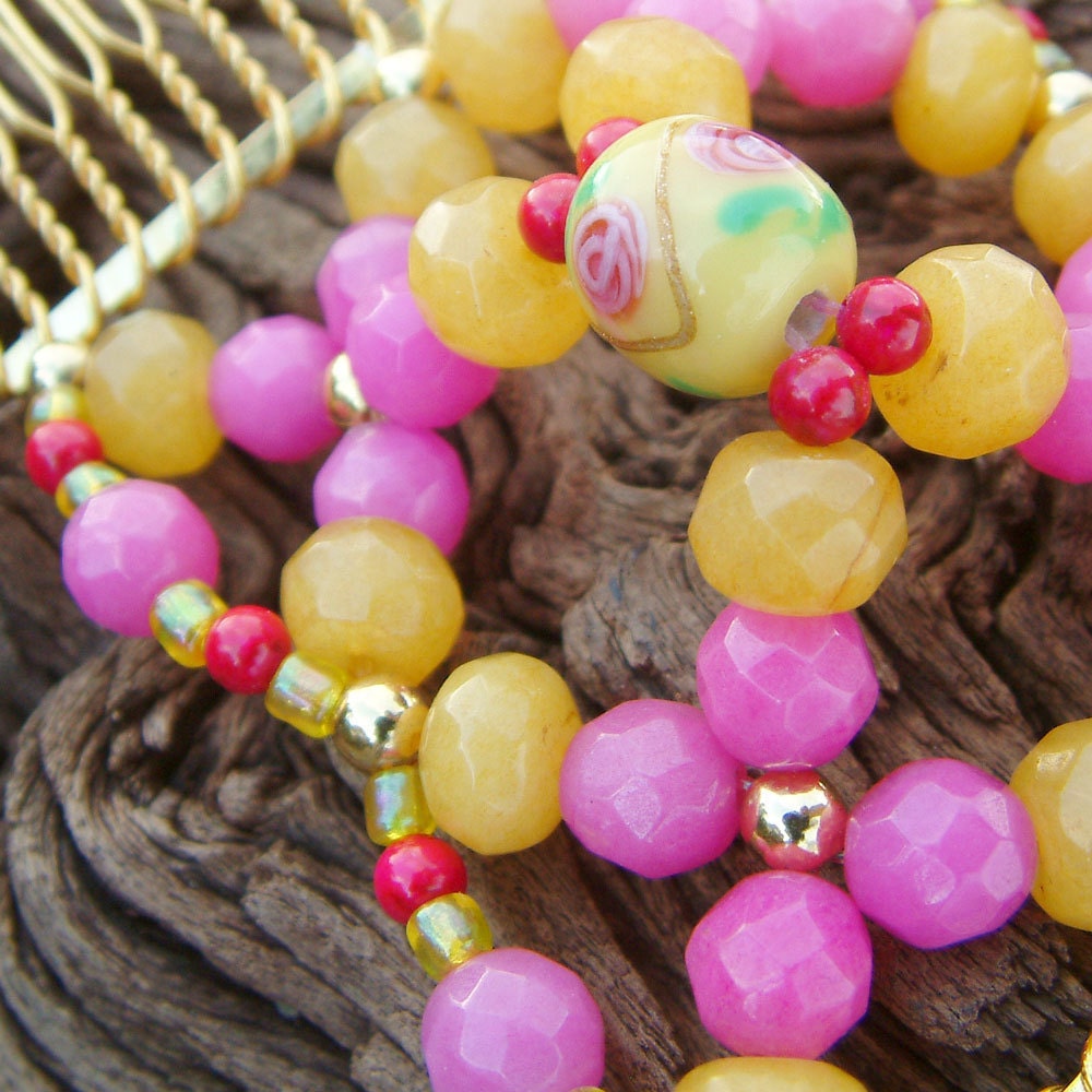 LIMITED EDITION - Handcrafted Hair Comb - Semi Precious Stones - Yellow and Pink - Battenberg