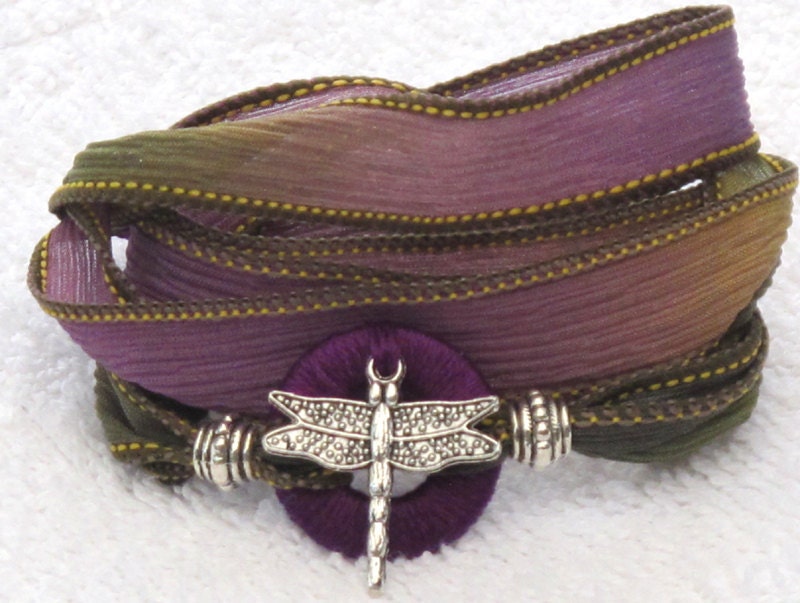 Silk Whirly Wrap Bracelet in with silver tone dragonfly spring purple green gold