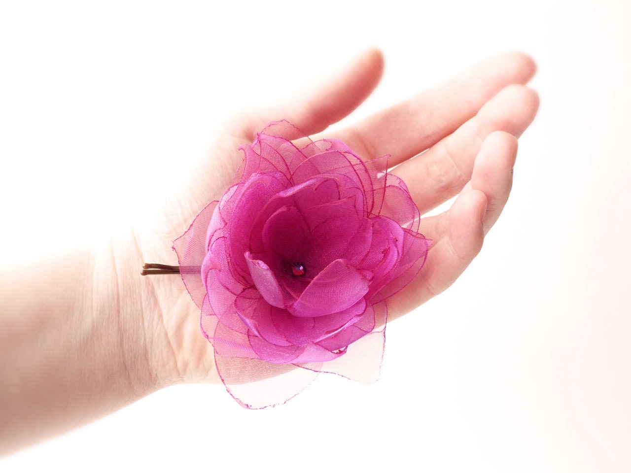 Indian pink flower hair clip Organza & Swarovski Summer hair accessories OOAK by Jye, Hand-made in France