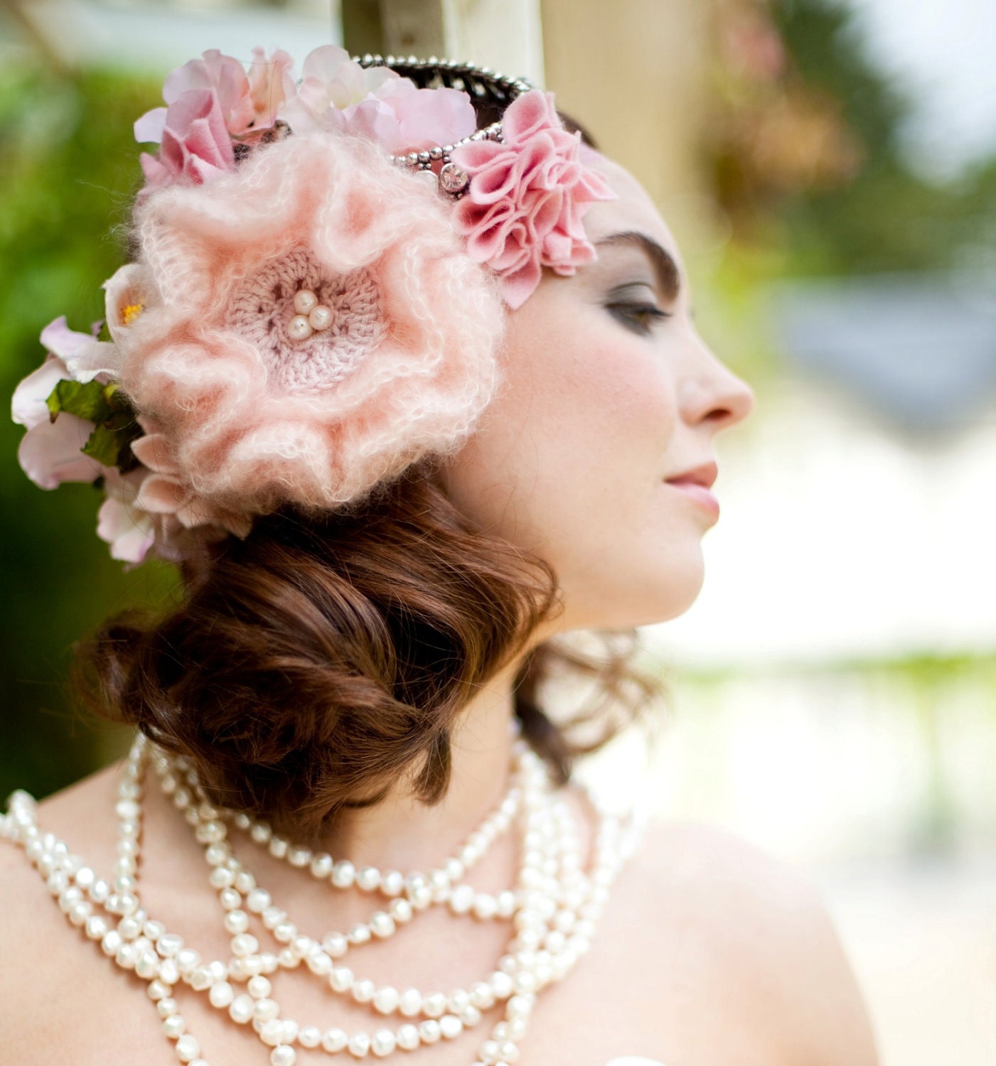 Blush Pink Crochet Flower Fascinator Corsage / Brooch / Pin - Wedding Trends 2012, Valentine's Day Gift for Her, Bride & Bridesmaids