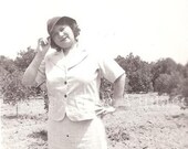 ON SALE Vintage Photo - Woman Holds Brim of Her Hat, Tilts Head, A Hand on Her Hip, Jaunty - A Tip O' the Hat to You - c. 1930s-1940s