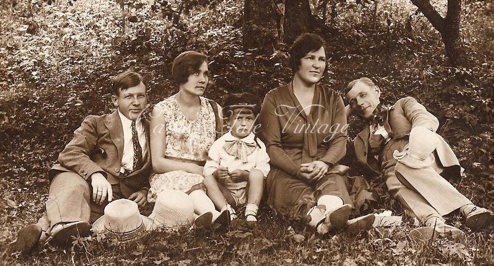 ON SALE Vintage 1930 Photo - Afternoon in the Woods w. Family & Friends - 2 Couples w. Cute Kid - RPPC, Europe 1930s