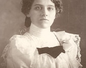 Vintage Victorian Photo Cabinet Card- Young Woman in White Lace Dress w. Contrasting Black Fabric Across Bodice - L.W. Lee Minneapolis 1800s