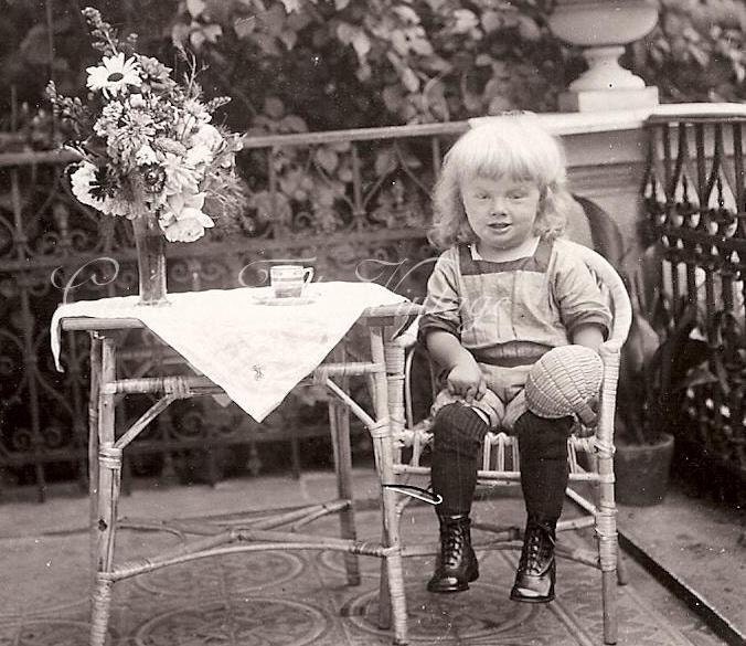 Fab Vintage Photo, early 1900s - Long Haired Blonde Boy in a Wicker Chair, Teacup & Flower Vase Bouquet on Table, Iron Gate - antique