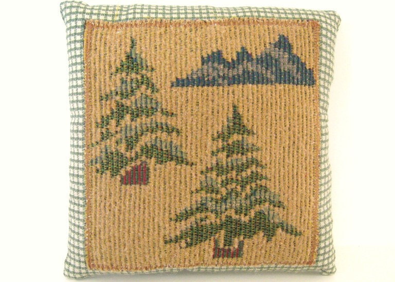 Handmade Pillow TREES and MOUNTAINS  6 x 6 inch Cabin Woodland Country Home Decor Prim Primitive CharlotteStyle Folk Art