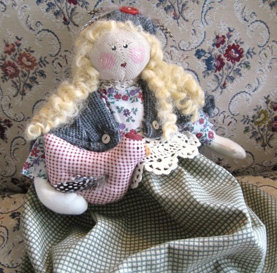 OOAK Art Doll Cloth Doll JAIME and Hen 16 inch Handmade CharlotteStyle Signed