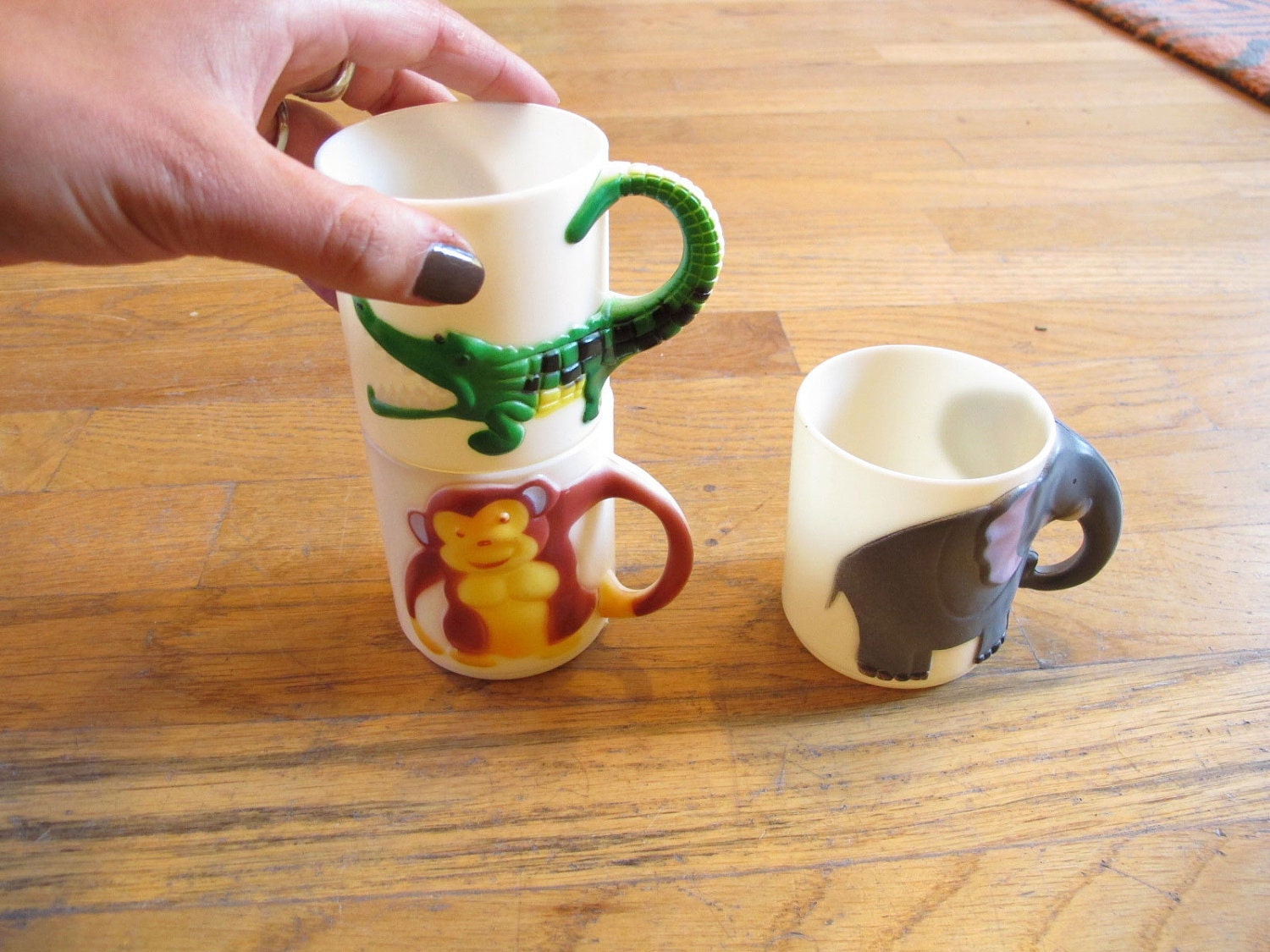 3 Stacking Set of Childrens Cups Monkey, Elephant, Alligator