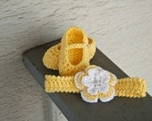 Mary-Jane Style Ballet Flats w/Button Closure and Matching Headband Set Newborn/Infant