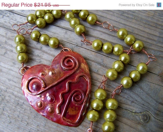 ON SALE Solid Copper Heart Green Glass Pearl Wire Wrapped Necklace - gristmilldesigns