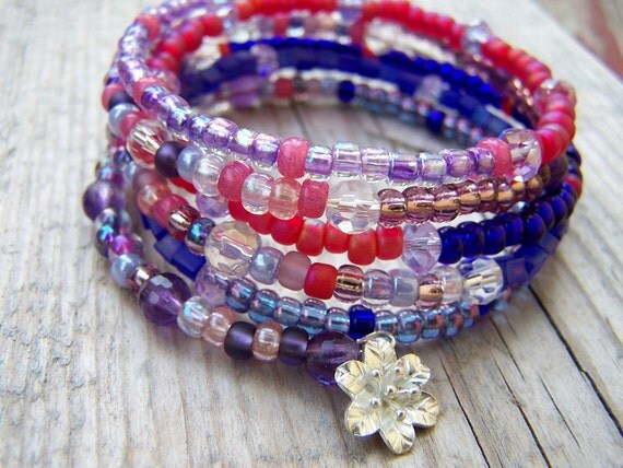 Hill Tribe Silver Pink Purple Memory Wire Bracelet