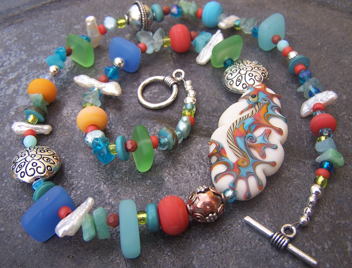 OOAK Sea Horse and Pearl Lampwork Necklace