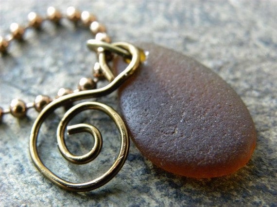 Copper sea glass pendant, amber sea glass, Unisex jewelry, gift