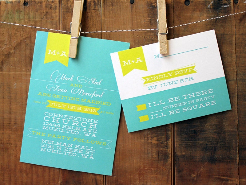 Wedding Invitation Set - bright and bold design with ribbons and script